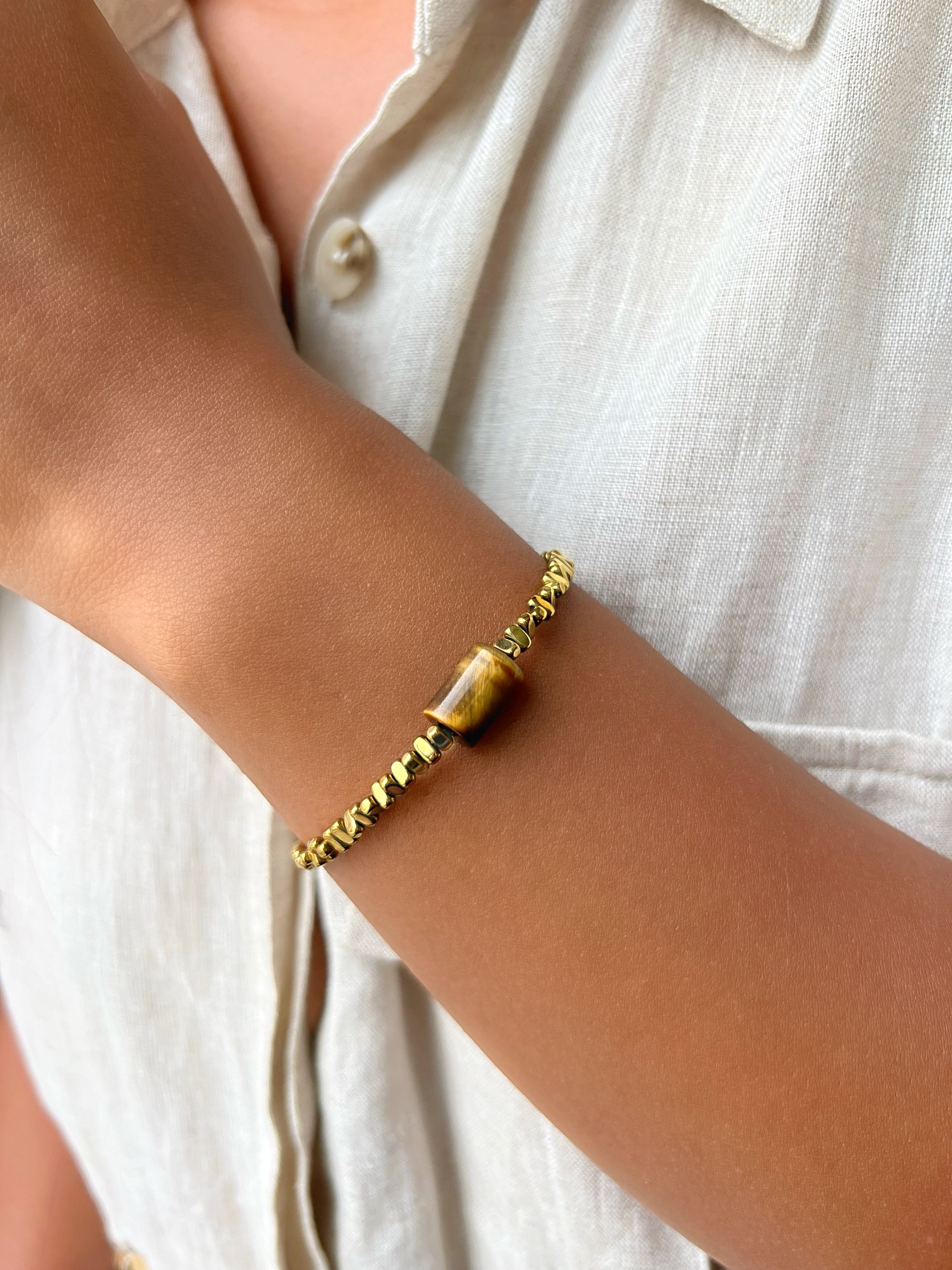 Pulseira Hematita Com Pedra Natural Olho de Tigre 17cm