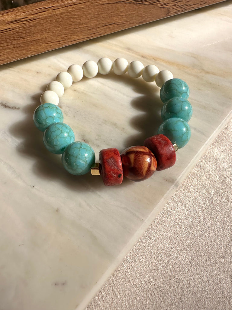 Pulseira Pedras Turquesa Acrílica, Madeira E Pedra Coral
