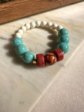 Pulseira Pedras Turquesa Acrílica, Madeira E Pedra Coral
