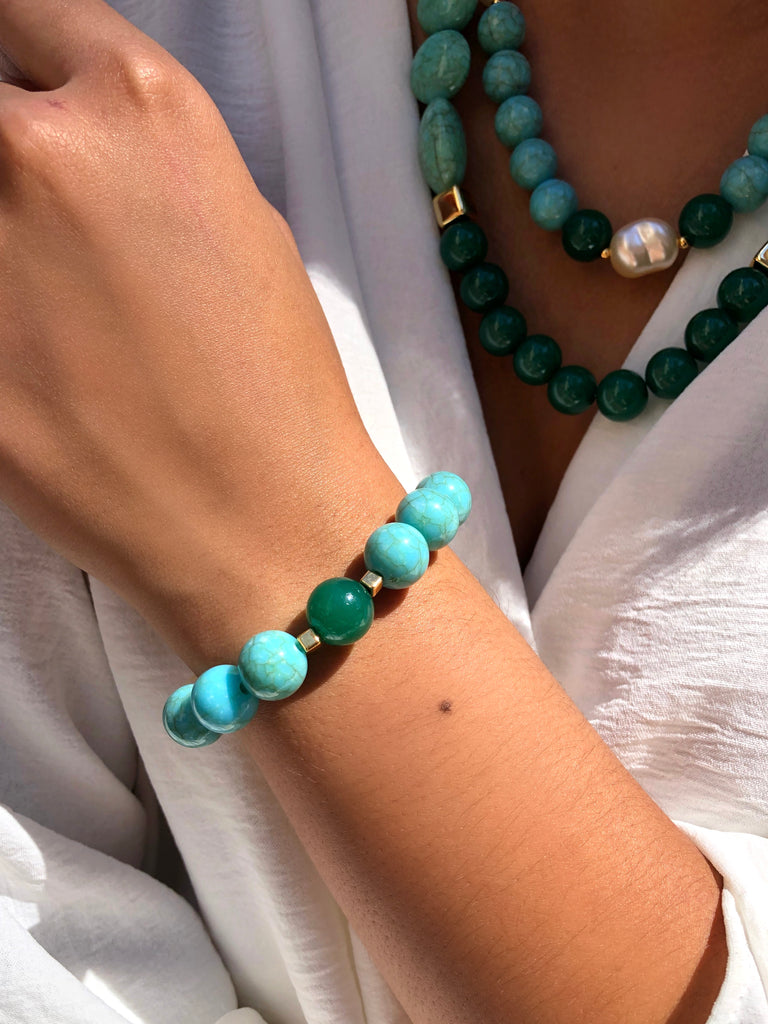 Pulseira Pérolas E Pedras Turquesa E Esmeralda Acrílicas