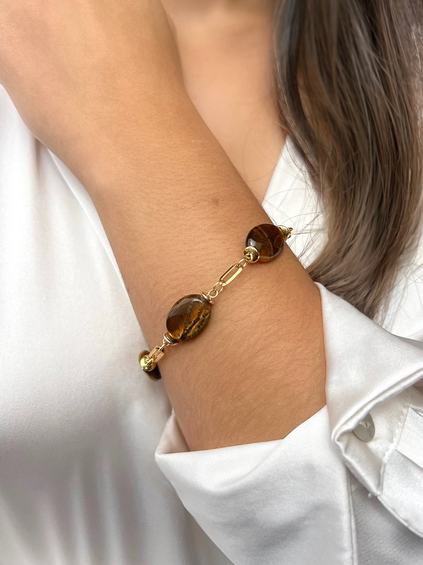 Pulseira Com Pedras Olho De Tigre 19cm