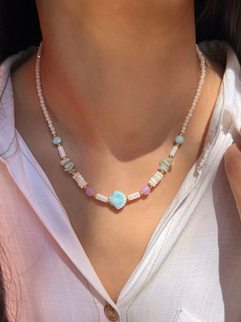 Linha Mar Colar Pedras Naturais E Concha Azul 42cm