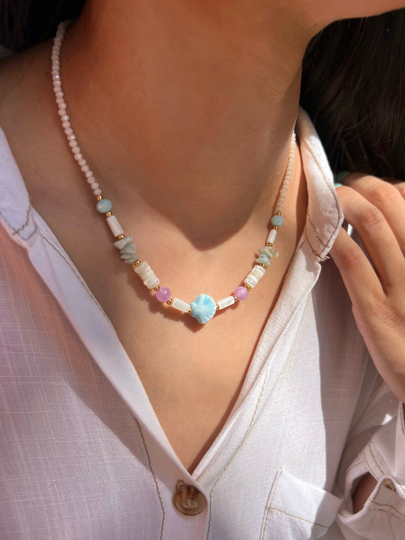 Linha Mar Colar Pedras Naturais E Concha Azul 42cm