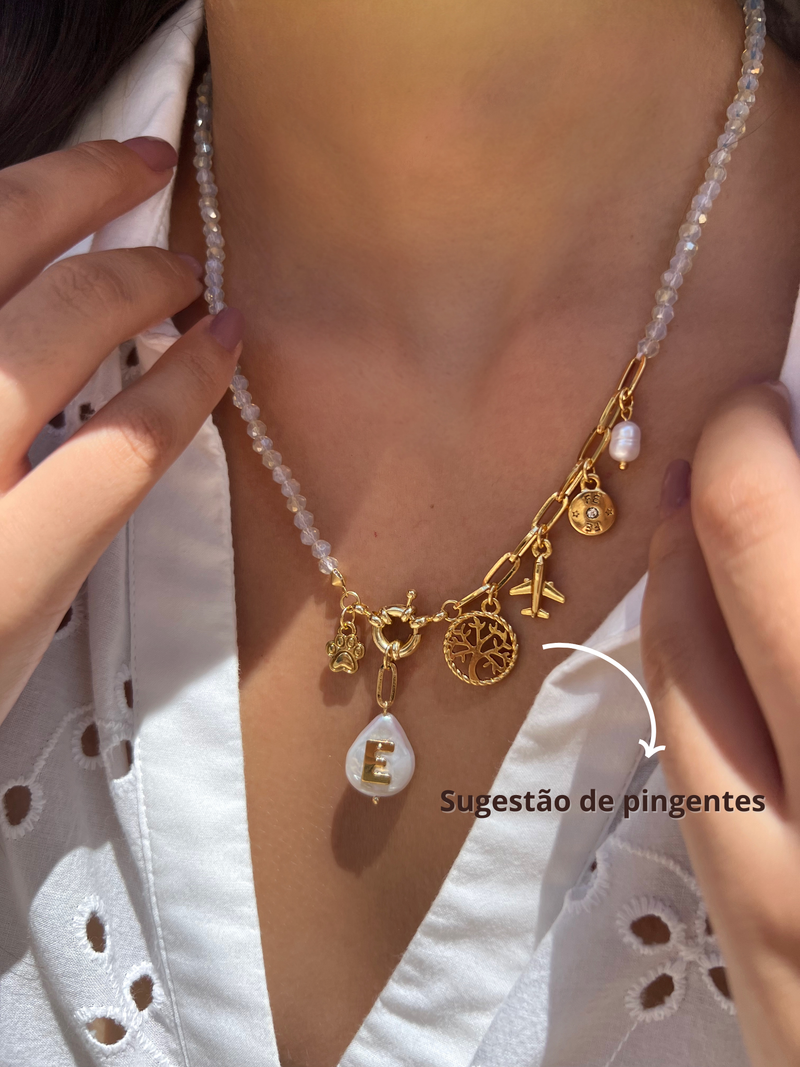 Colar Pins Fixos Com Inicial Pérola Barroca 50cm