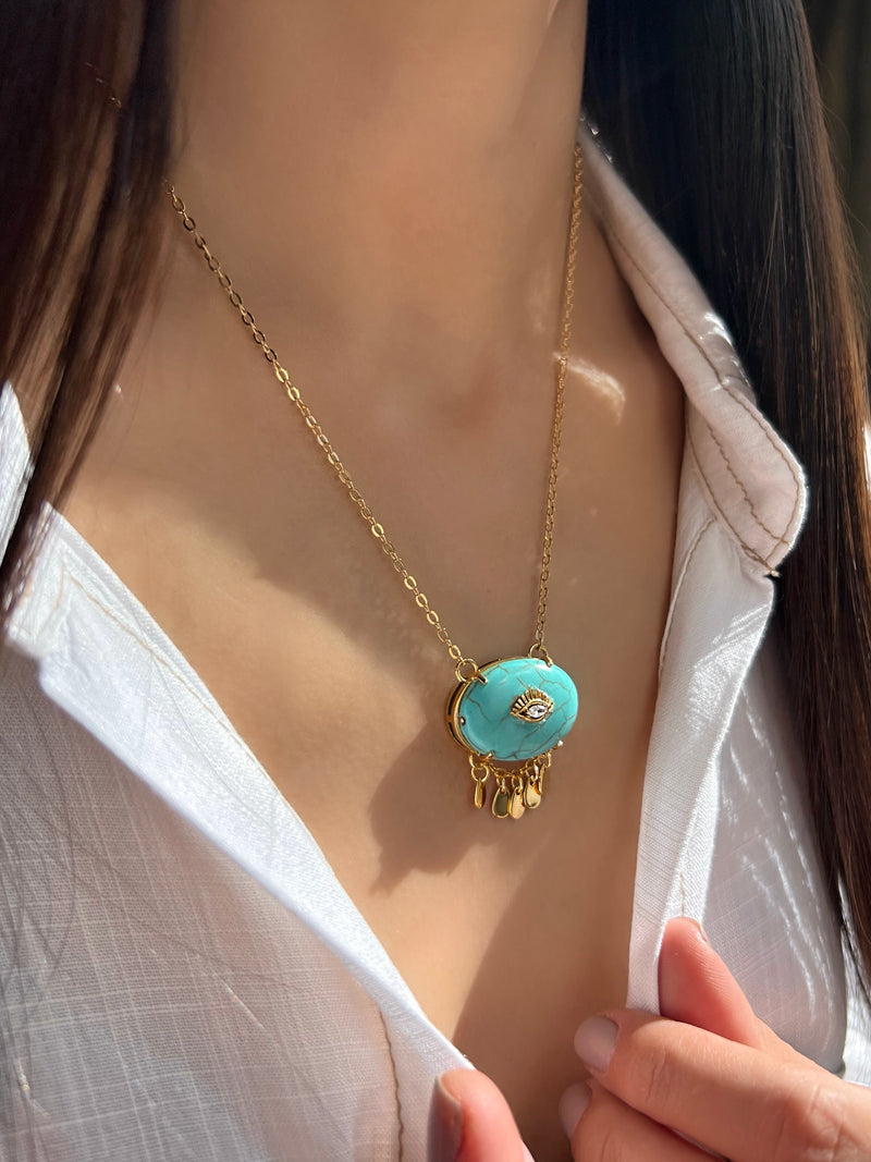 Colar Pedra Turquesa Olho Cravejado E Pingente Gotas 45cm