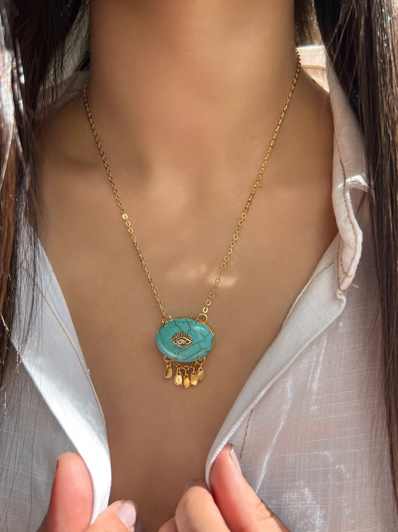 Colar Pedra Turquesa Olho Cravejado E Pingente Gotas 45cm