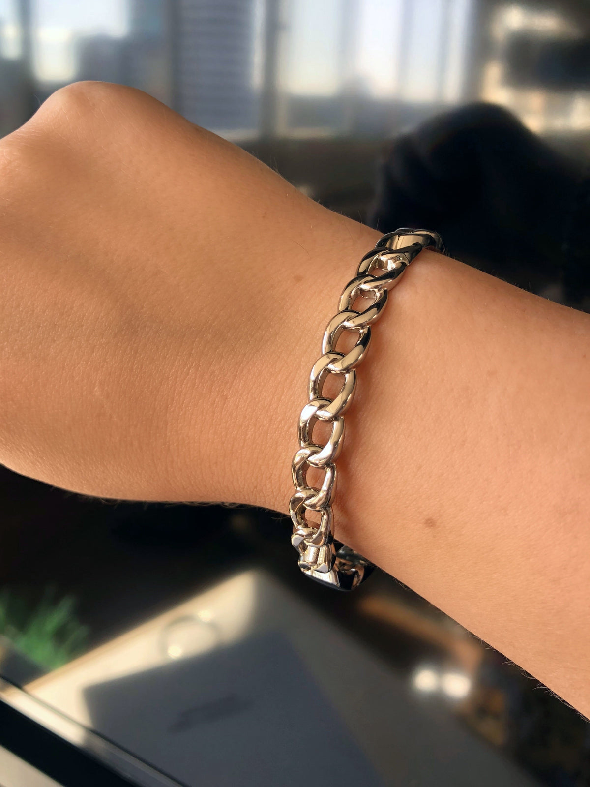 Bracelete Elos Grumê Fino Ródio Branco 17cm - Tiff Joias