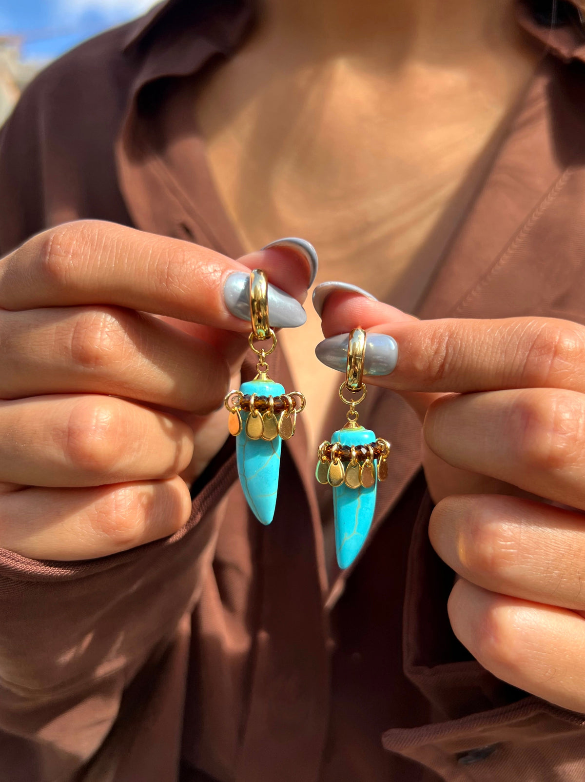 Brinco Argola Dente Turquesa e Gotinhas - Tiff Joias