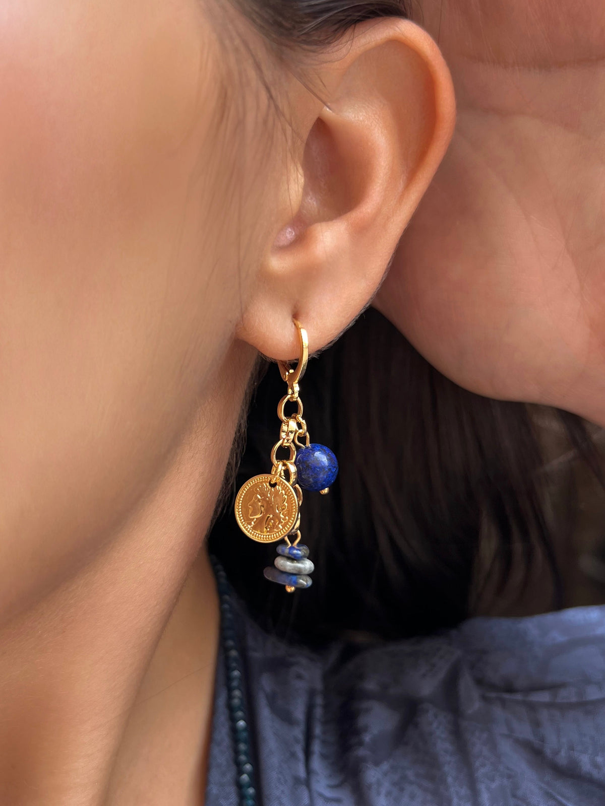 Brinco Argola Pedras Naturais Lapis Lazuli - Tiff Joias