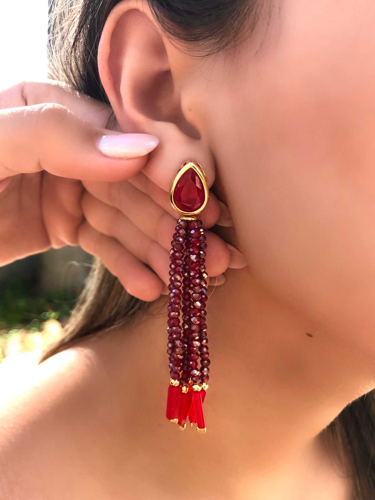 Brinco Carol Tassel Vermelho Cherry E Gota - Tiff Joias