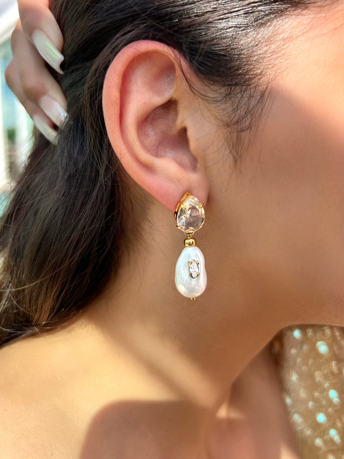 Brinco Gota Cristal e Pérola Shell - Tiff Joias