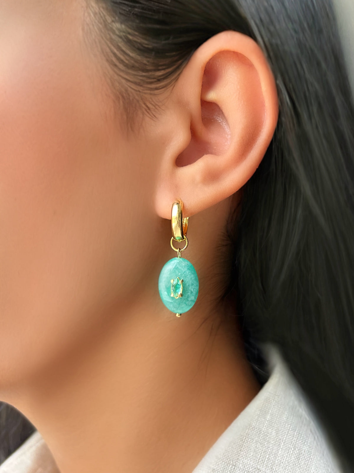 Brinco Pedra Amazonita Com Argola - Tiff Joias