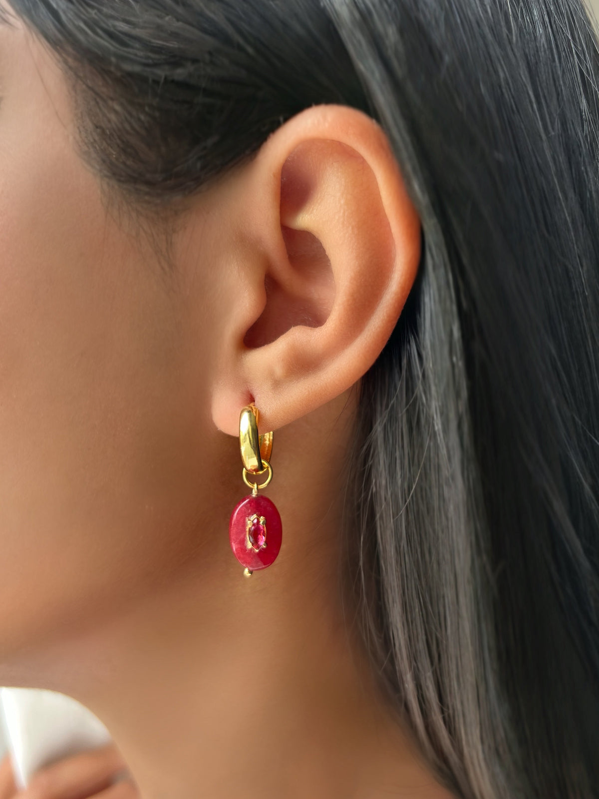 Brinco Pedra Jade Rubi Com Argola - Tiff Joias