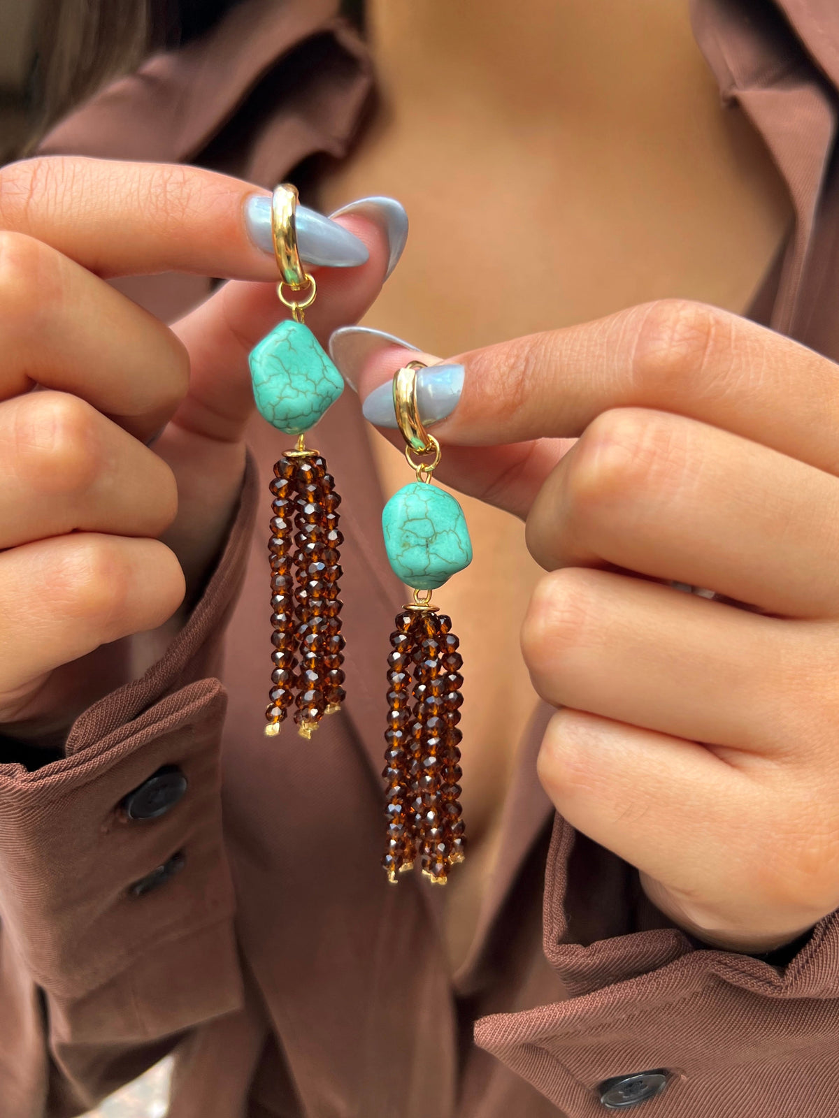 Brinco Pedra Turquesa e Franja Tassel - Tiff Joias