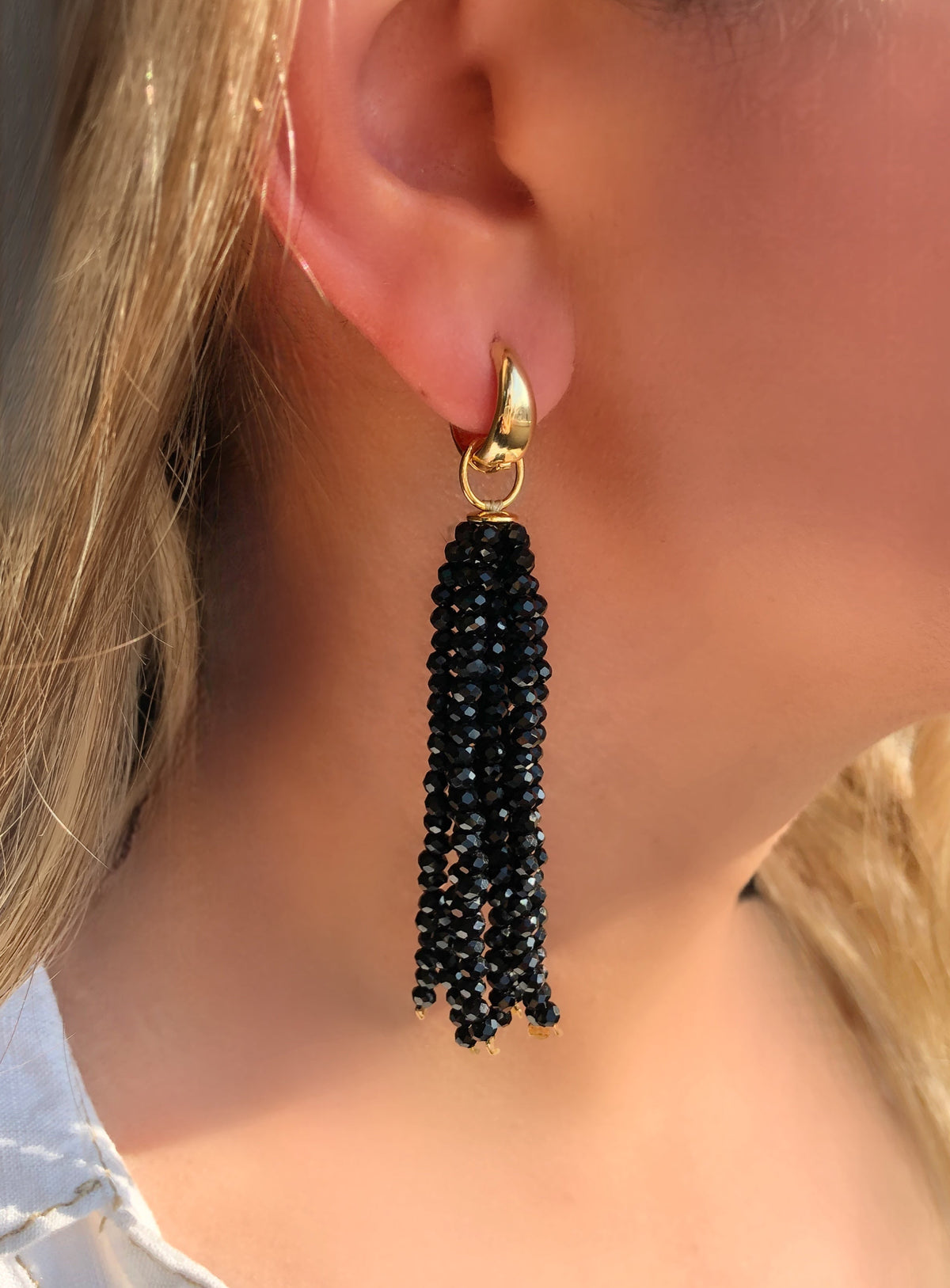 Brinco Tassel G Cristal Cor Ônix Preto - Tiff Joias