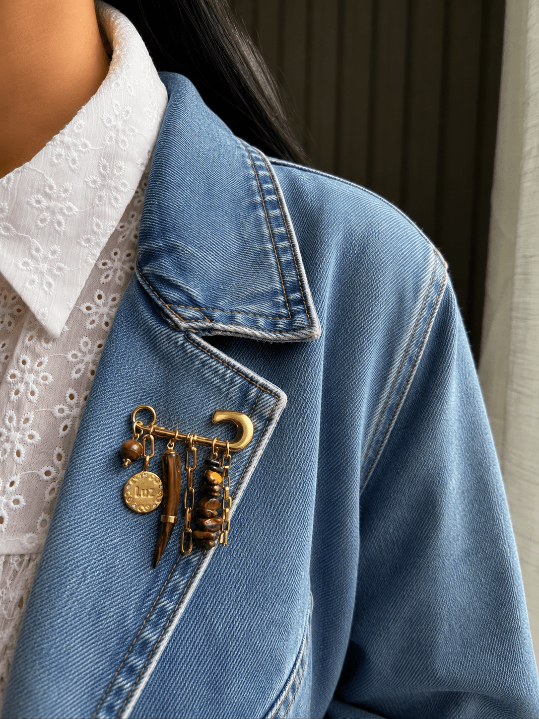 Broche Pedras Olho de Tigre e Dente Madre Marrom - Tiff Joias