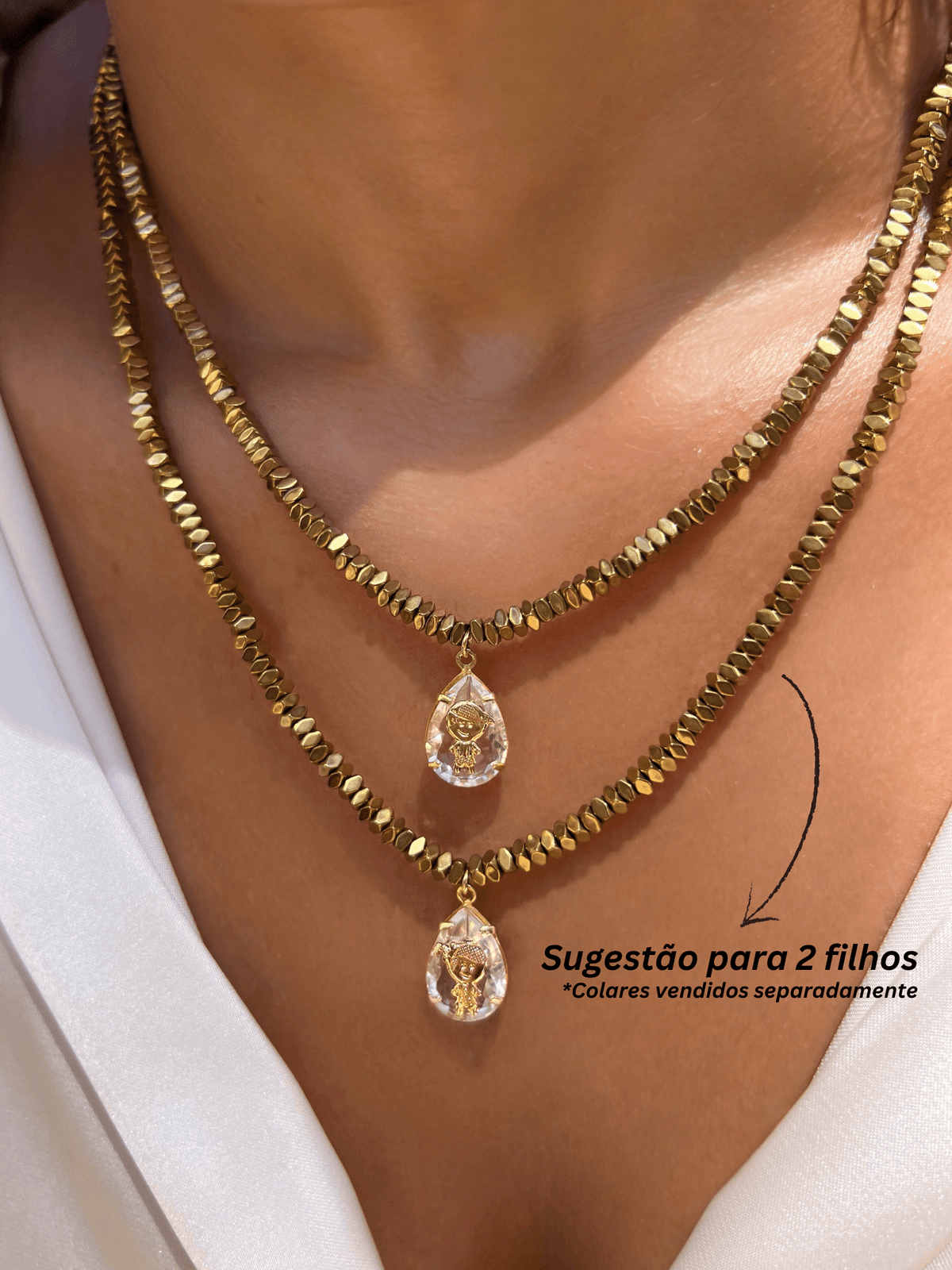 Colar 1 Filho Hematita Banho Ouro Pin Cristal 45cm - Tiff Joias