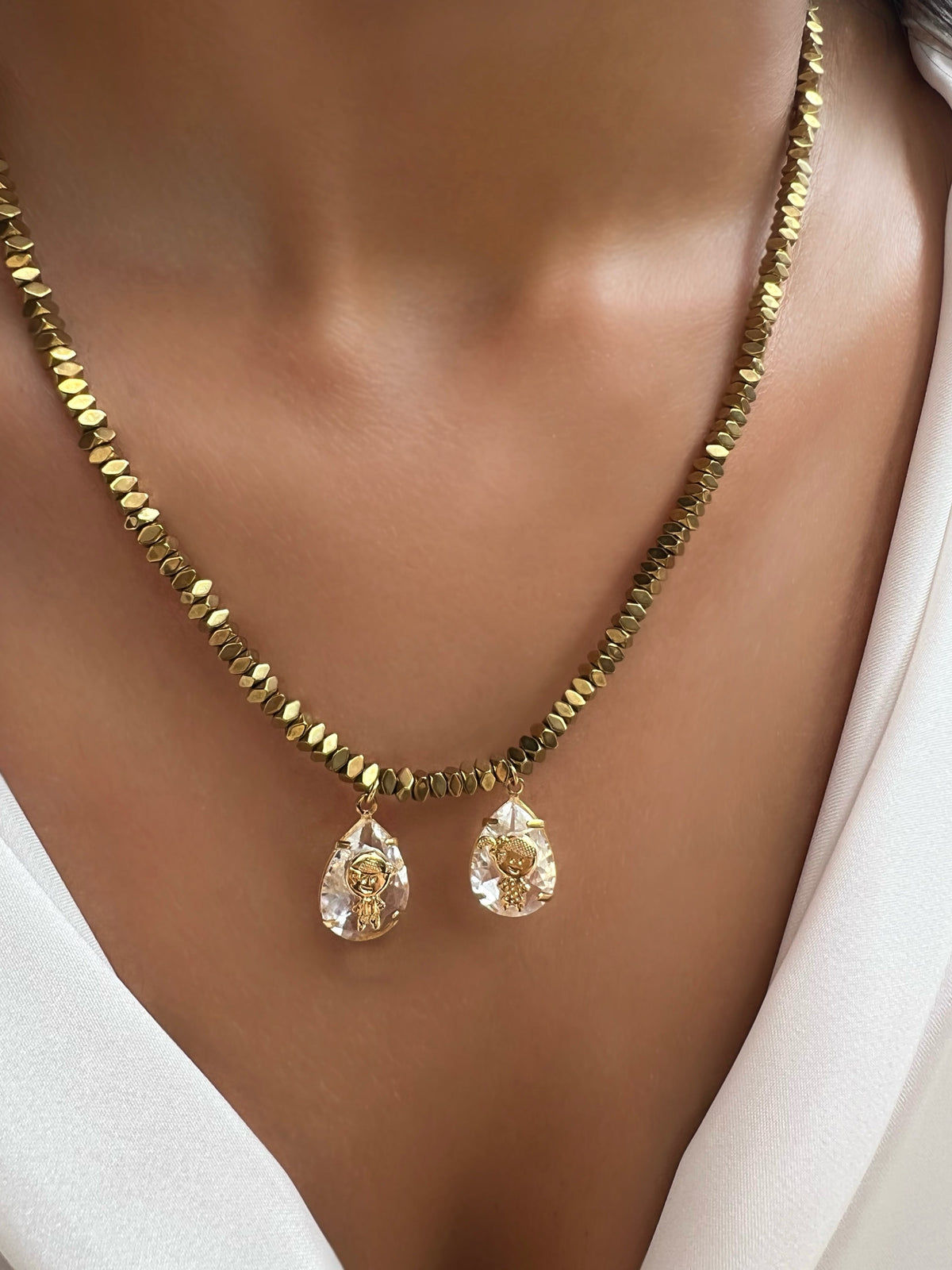 Colar 2 Filhos Hematita Banho Ouro Pin Cristal 45cm - Tiff Joias