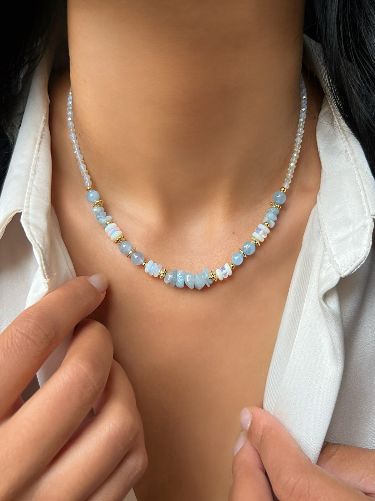 Colar Alice Pedra Natural Jade Azul 40cm - Tiff Joias