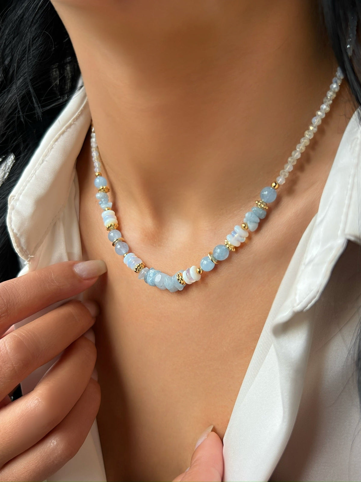 Colar Alice Pedra Natural Jade Azul 40cm - Tiff Joias