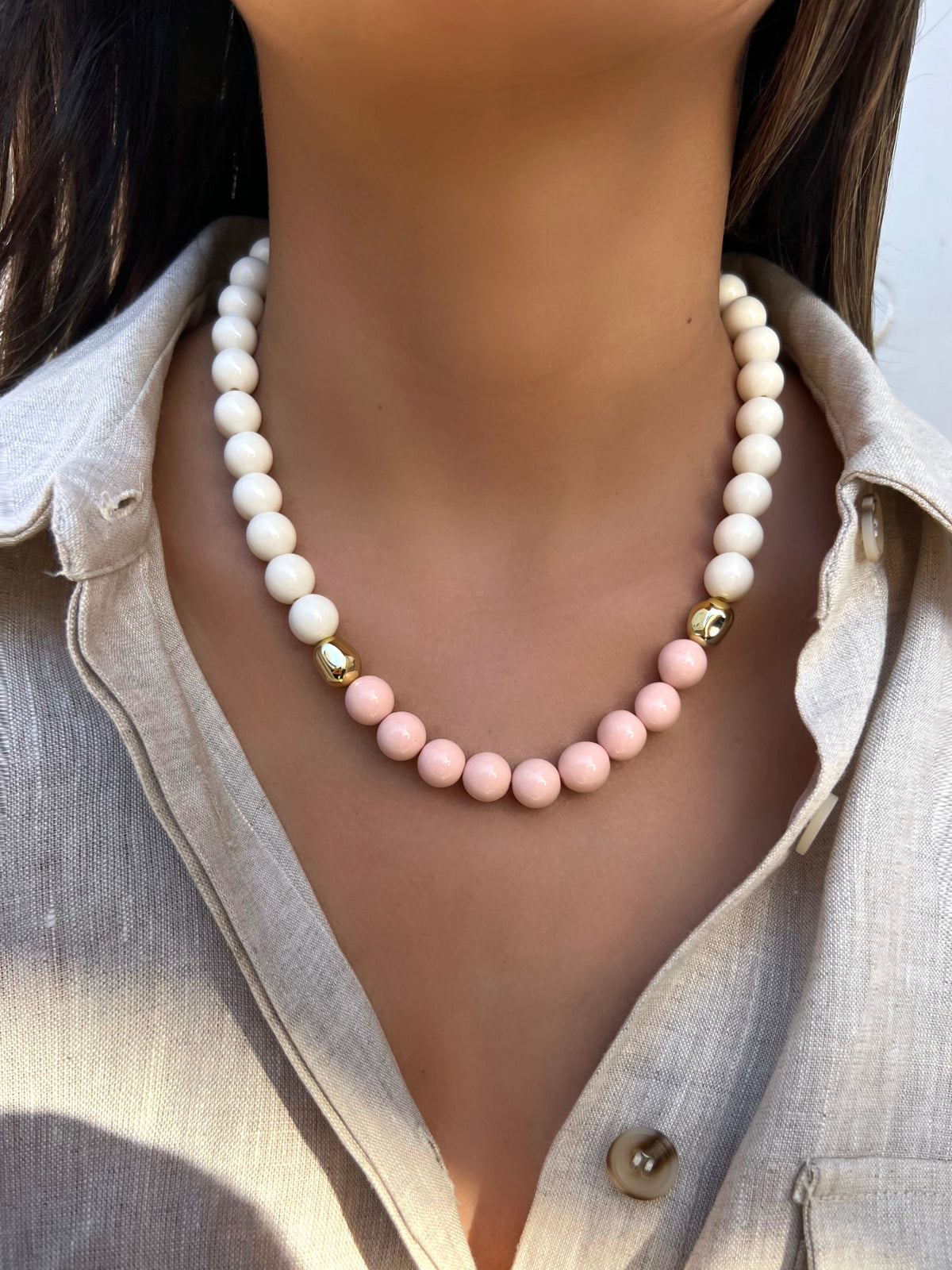 Colar Bolas Acrílicas Nude E Rosa 50cm - Tiff Joias