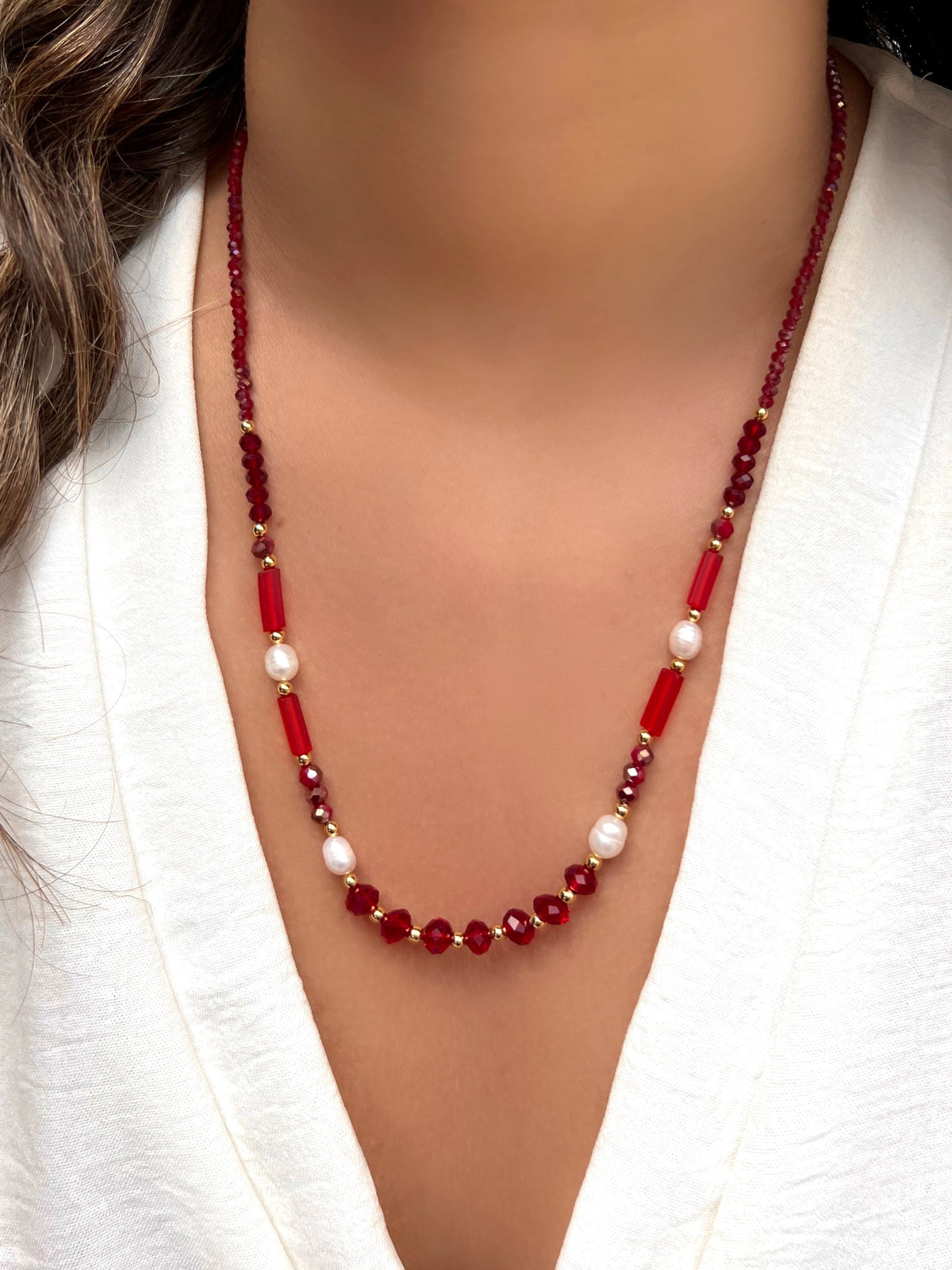 Colar Carol Cristais Lapidados Vermelho Cherry 50cm - Tiff Joias