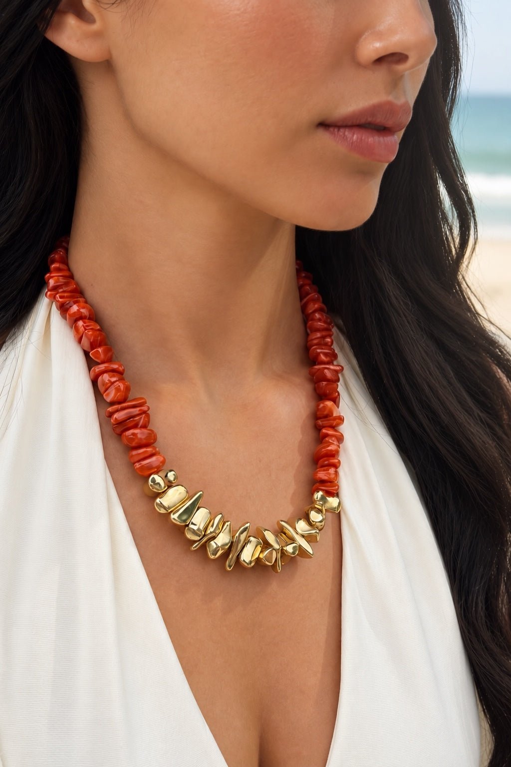 Colar Cascalho Acrílico Cor Coral e Banho Ouro 18k 45cm - Tiff Joias