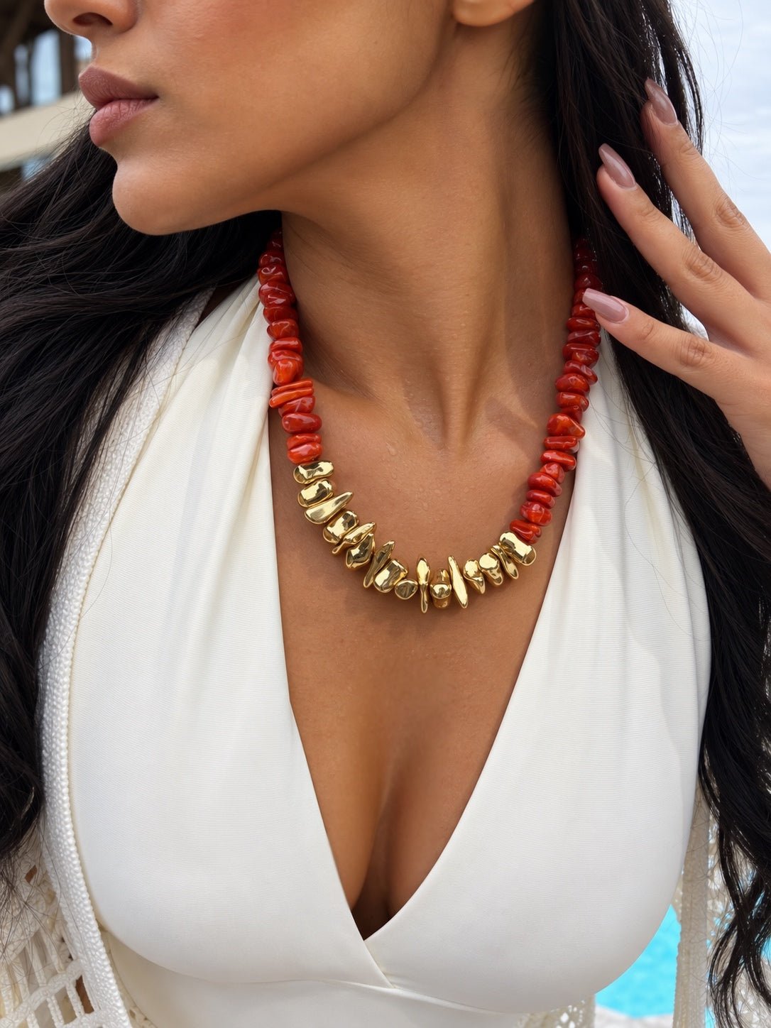 Colar Cascalho Acrílico Cor Coral e Banho Ouro 18k 45cm - Tiff Joias