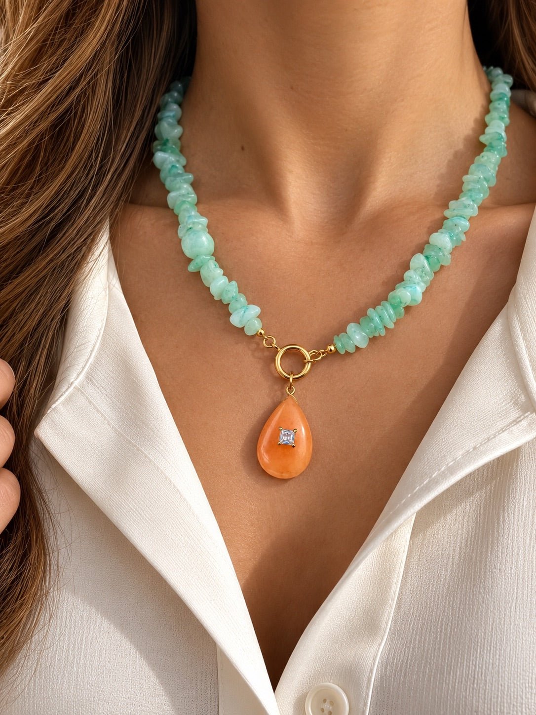 Colar Cascalho Amazonita Com Pedra Jade Laranja e Zircônia 55cm - Tiff Joias