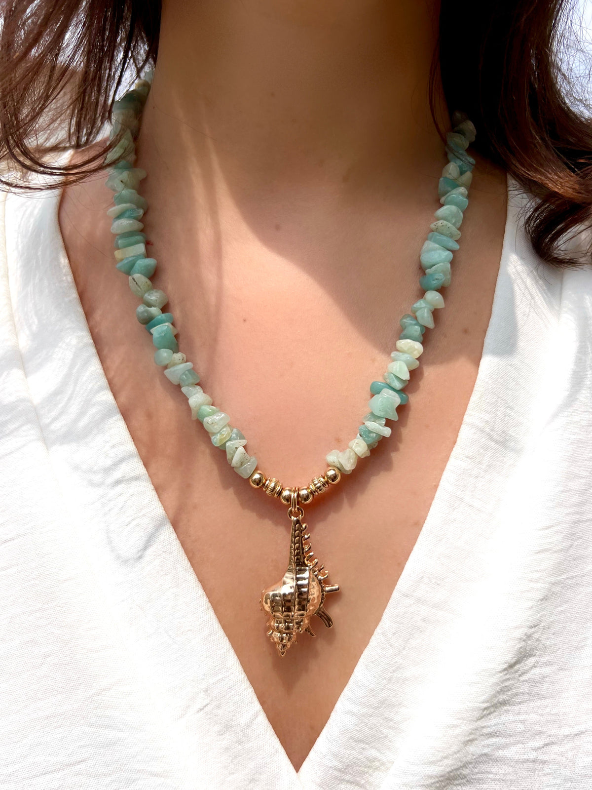 Colar Cascalho Amazonita Com Pingente Concha - Tiff Joias