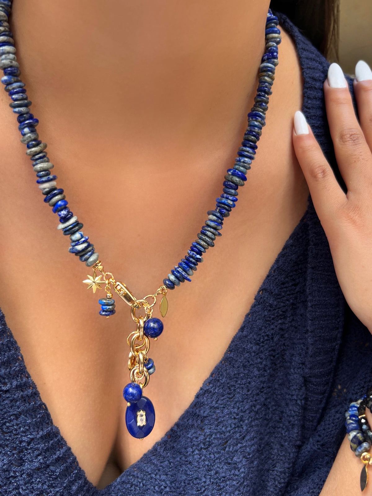 Colar Cascalho e Pedras Naturais Lapis Lazuli 50cm - Tiff Joias