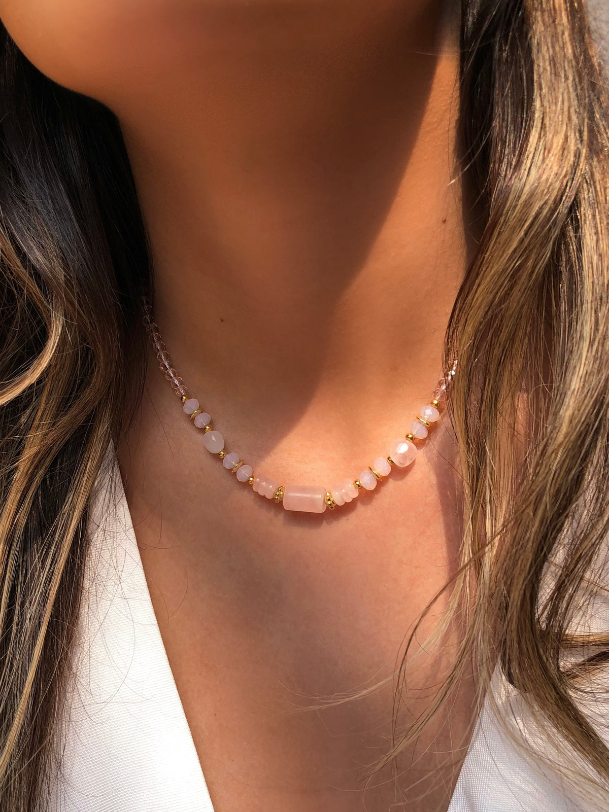 Colar Celina Pedra Natural Quartzo Rosa 40cm - Tiff Joias