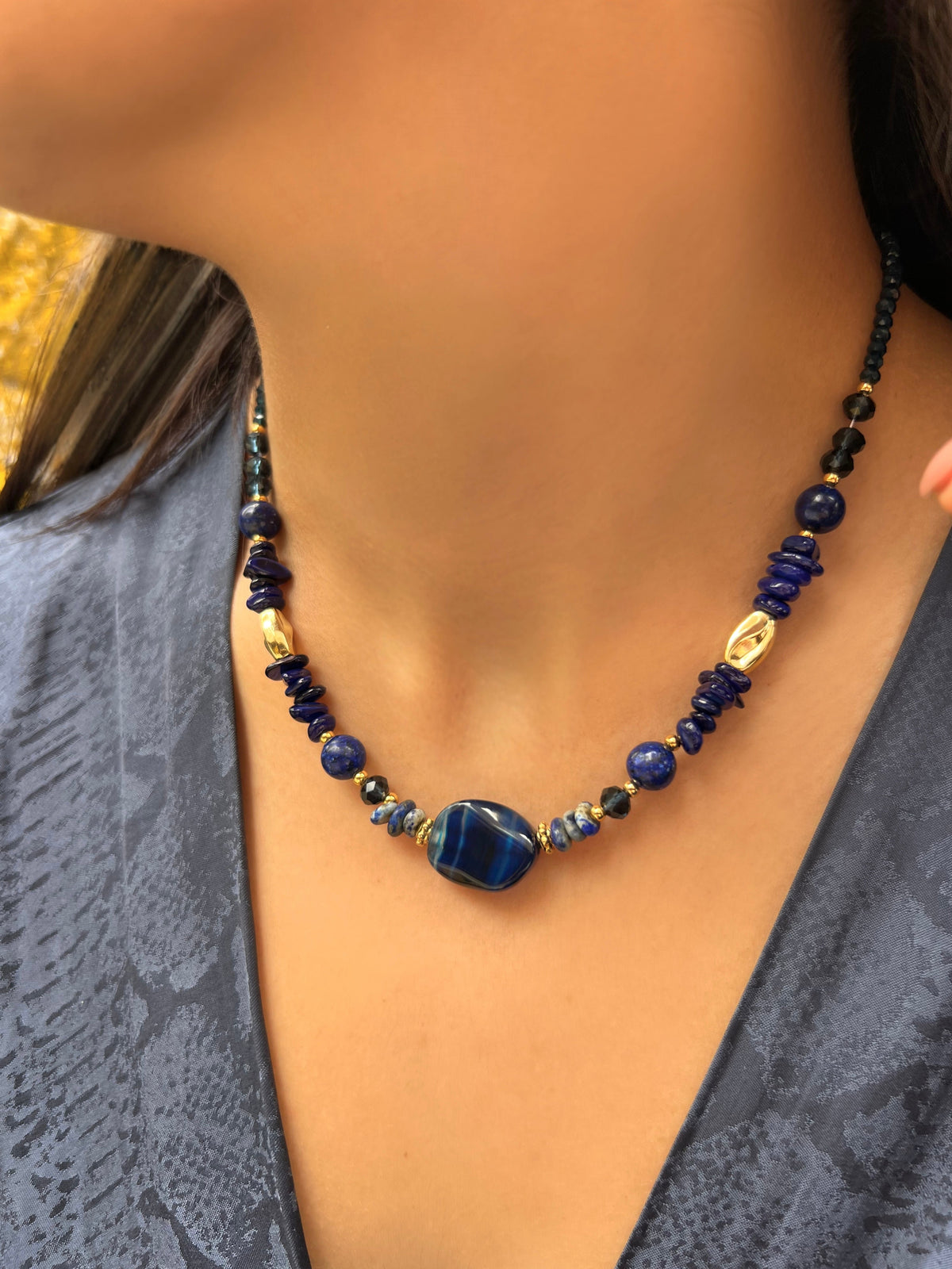 Colar Com Cristais e Pedras Naturais Com Ágata Azul 45cm - Tiff Joias