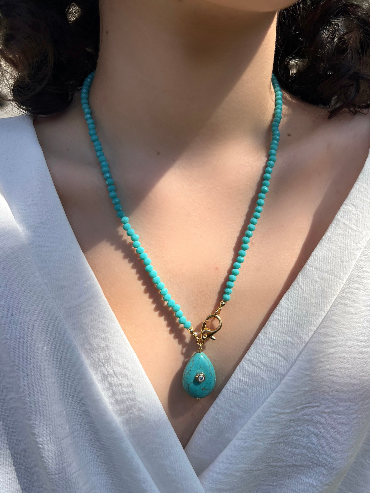 Colar Com Gota Pedra Turquesa 50cm - Tiff Joias
