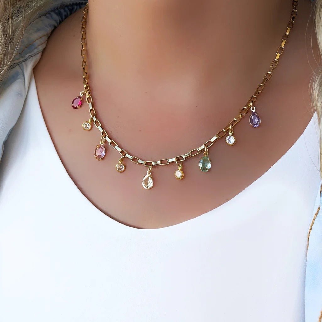 Colar Corrente Elos E Mini Formas Cristais Lapidados Coloridos 45cm - Tiff Joias