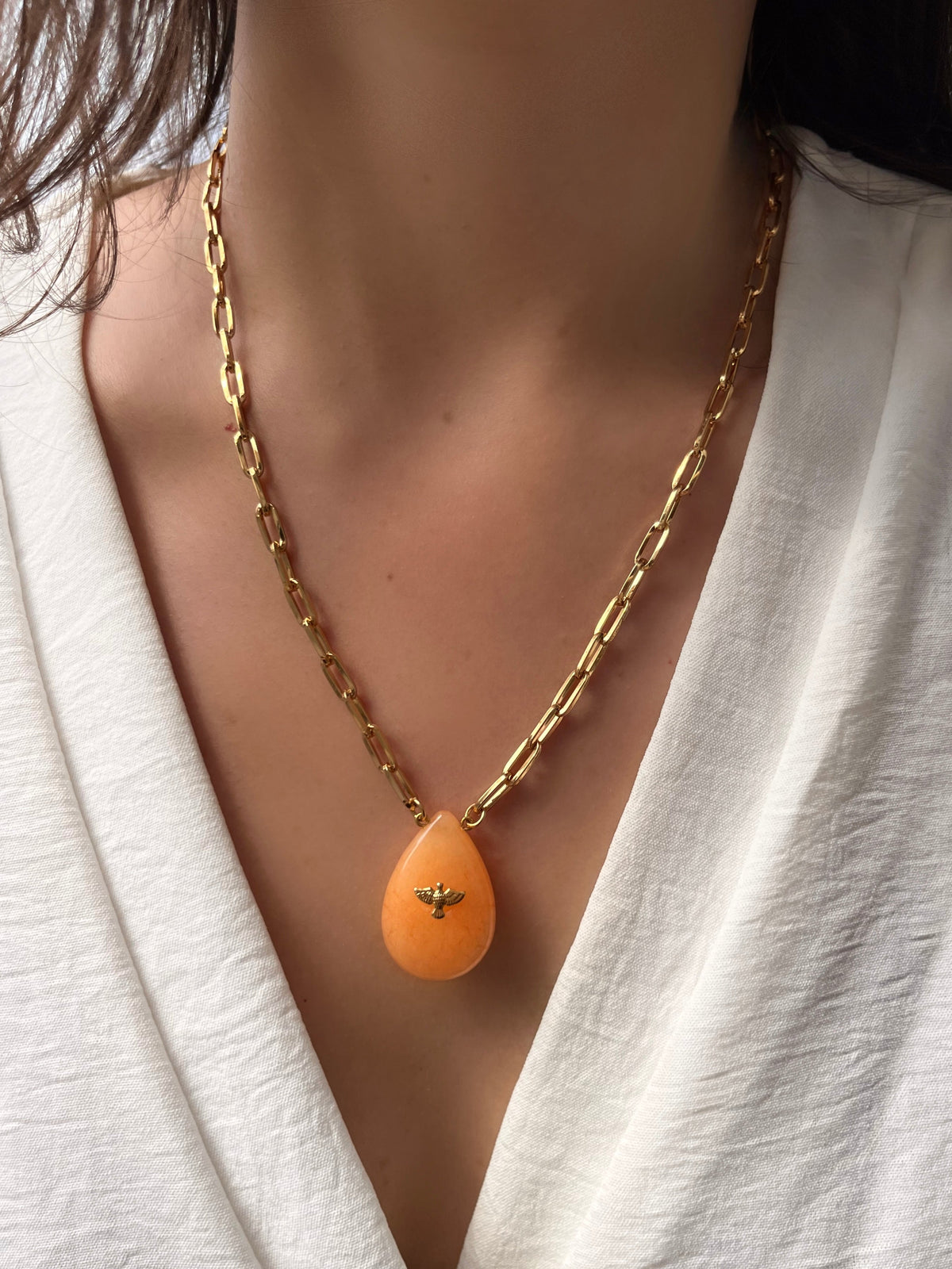 Colar Corrente Elos Fina Com Gota Ágata Coral - Tiff Joias