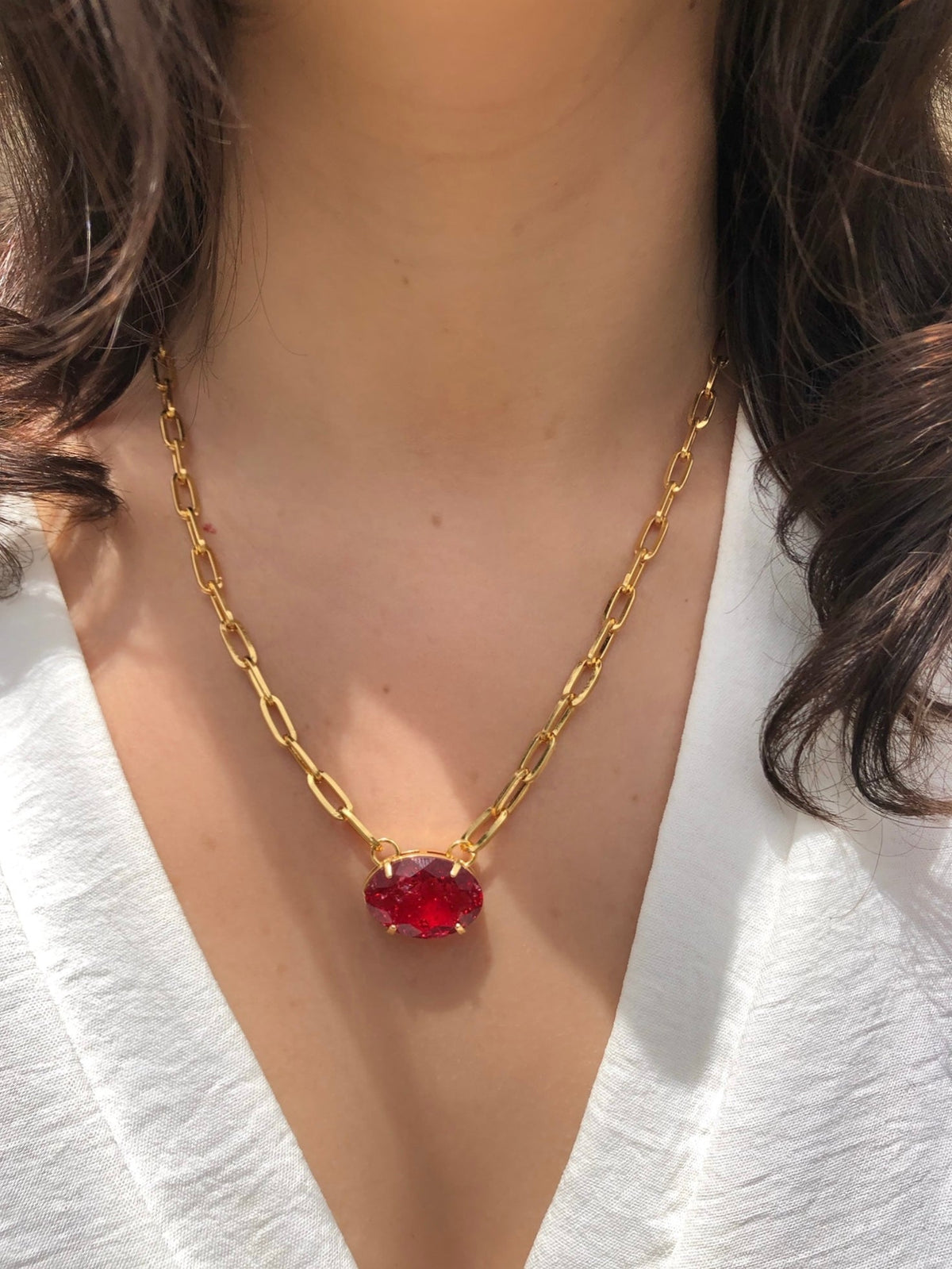 Colar Corrente Elos Fina Oval Cristal Craquelado Lapidado Cor Vermelho Cherry 42cm - Tiff Joias