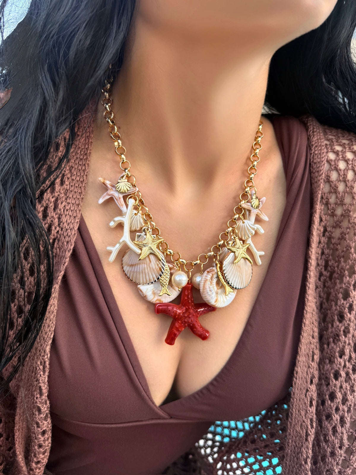 Colar Corrente Portuguesa Leve e Pingentes Mar Com Estrela Coral 50cm - Tiff Joias