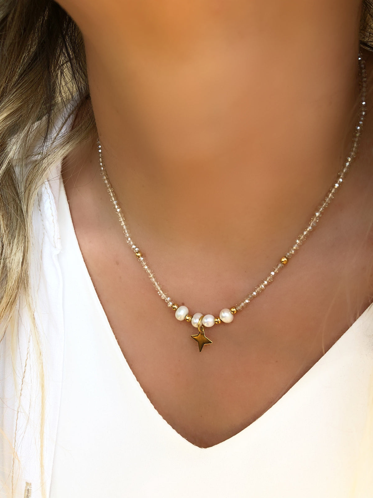 Colar Cristais Champagne Com Pérola Água Doce E Estrela 40cm - Tiff Joias