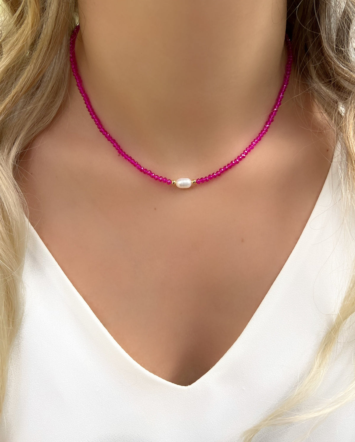 Colar Cristais Pink Com Pérola Água Doce E Detalhes Em Bolinhas - Tiff Joias