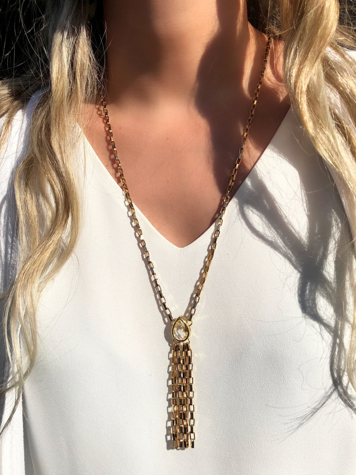 Colar De Franja Corrente Com Gota Lapidada Cor Cristal - Tiff Joias