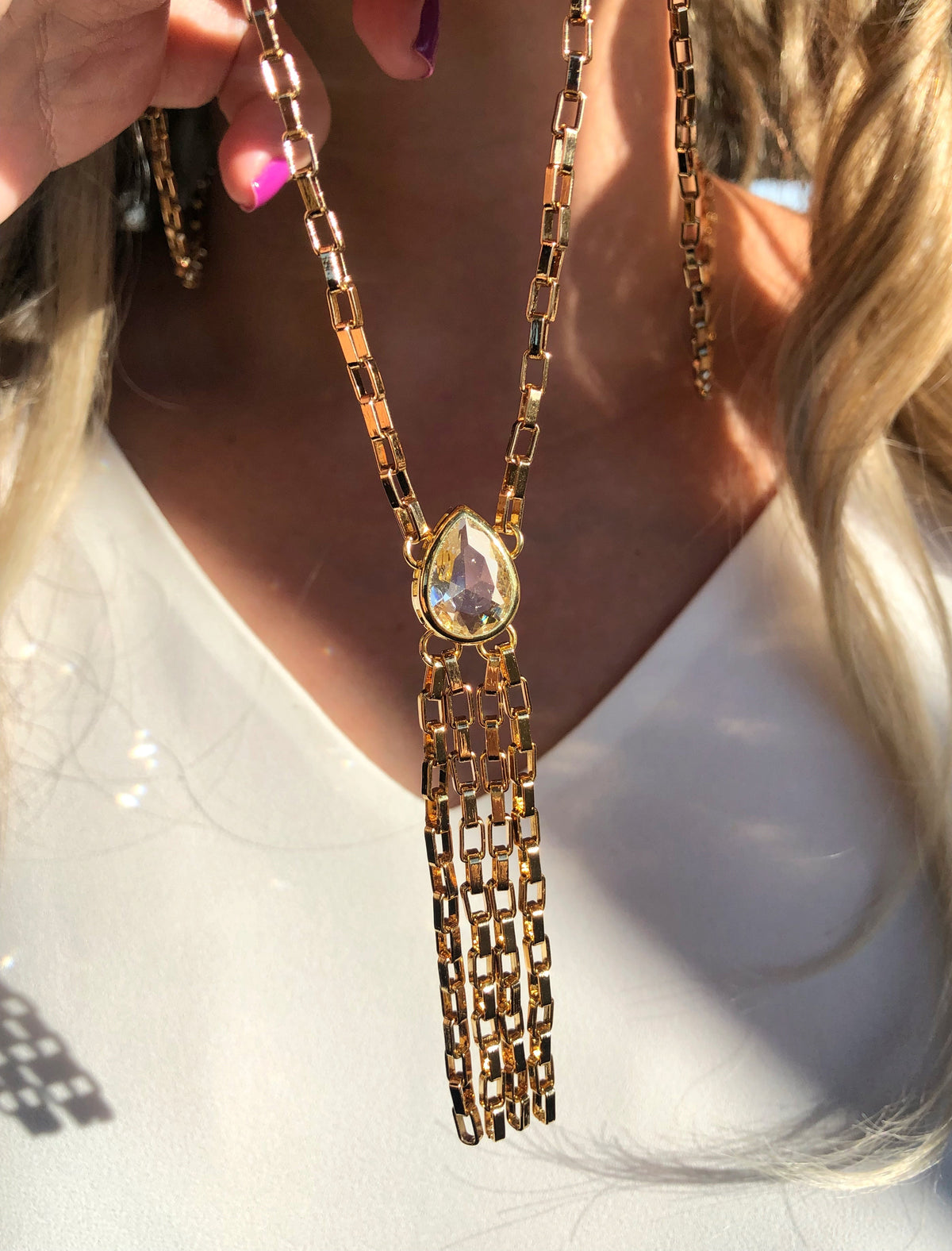 Colar De Franja Corrente Com Gota Lapidada Cor Cristal - Tiff Joias