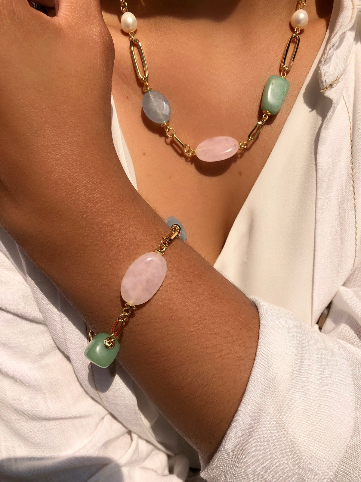 Colar De Pedras Aventurina Verde Quartzo Rosa E Jade Azul 45cm - Tiff Joias