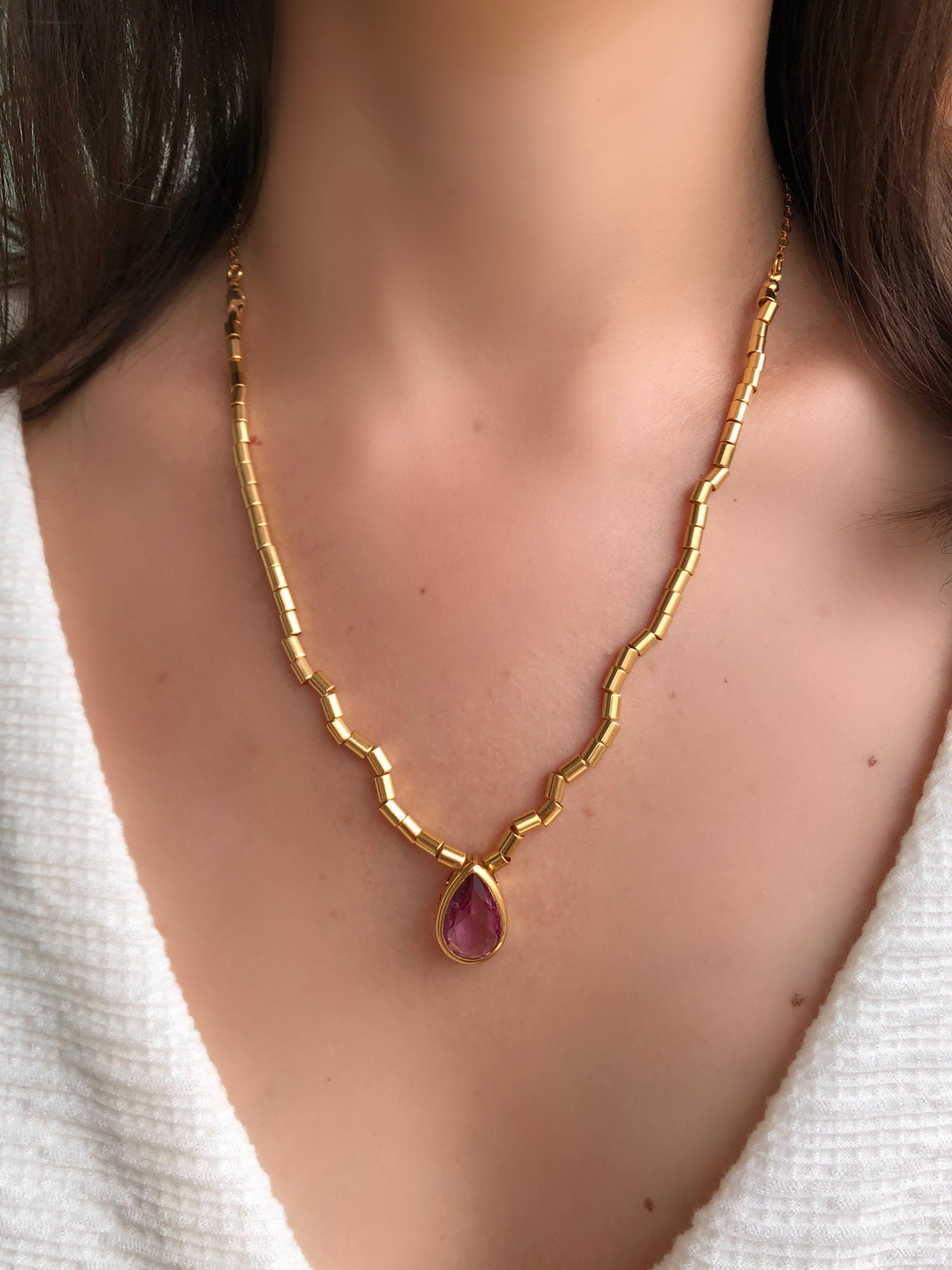 Colar Diana Com Gota Lapidada Cor Ametista 45cm - Tiff Joias