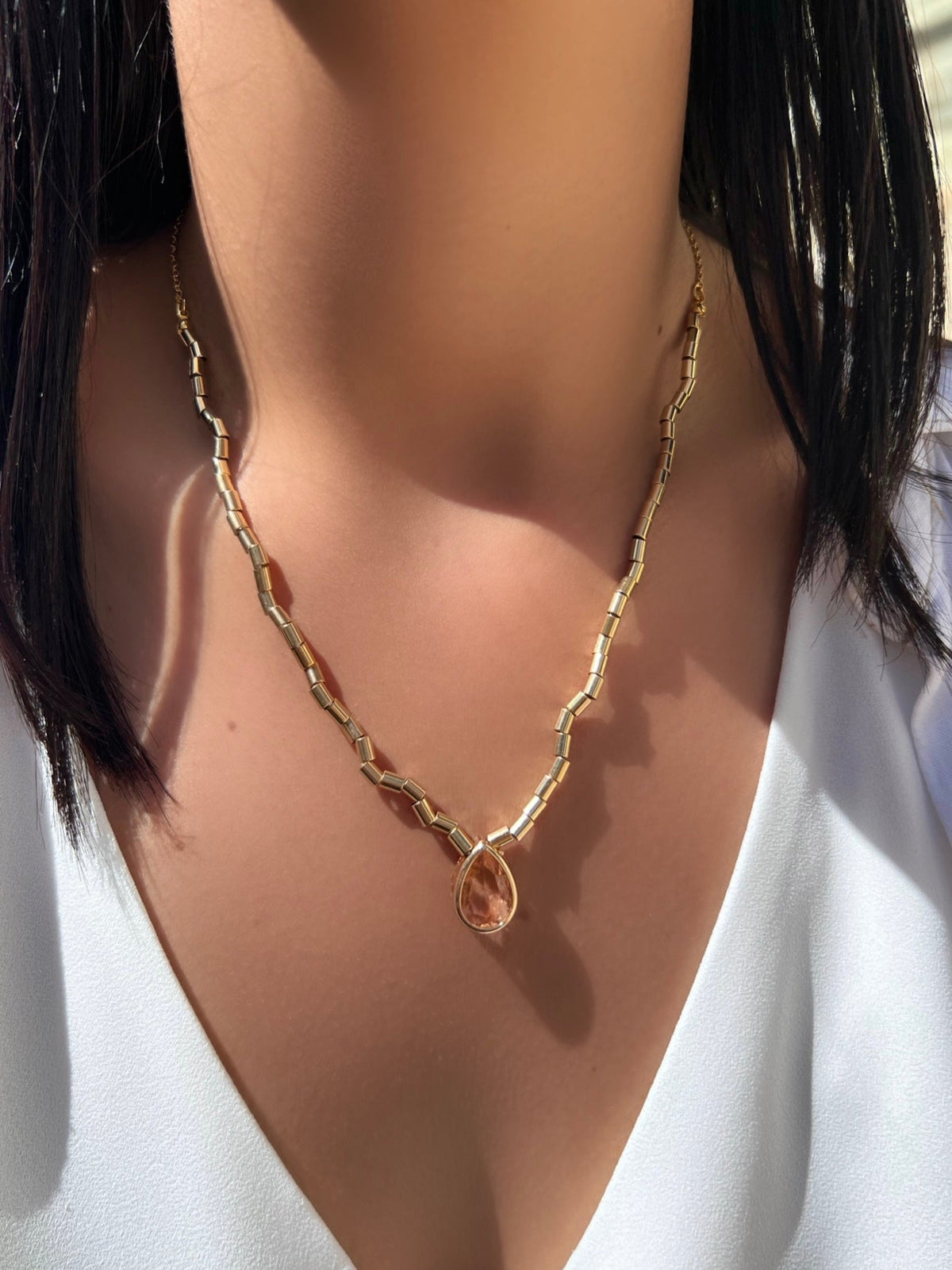 Colar Diana Com Gota Lapidada Cor Morganita 45cm - Tiff Joias