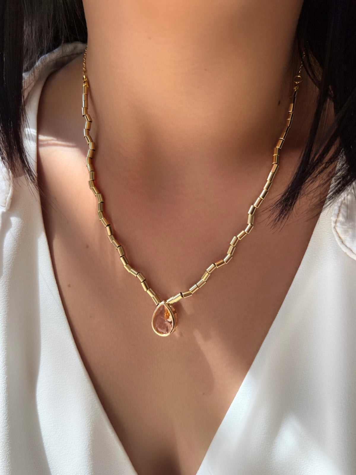 Colar Diana Com Gota Lapidada Cor Morganita 45cm - Tiff Joias