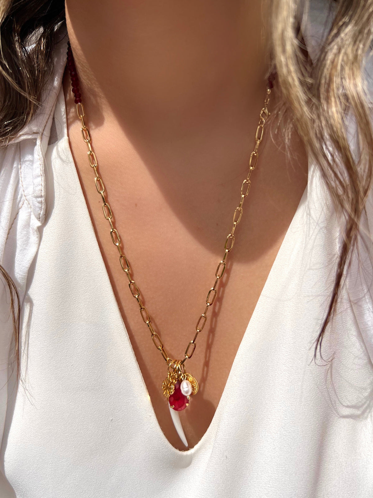 Colar Duo Aurora Com Cristais Lapidados Vermelho Cherry E Corrente Elos Fina 60cm - Tiff Joias