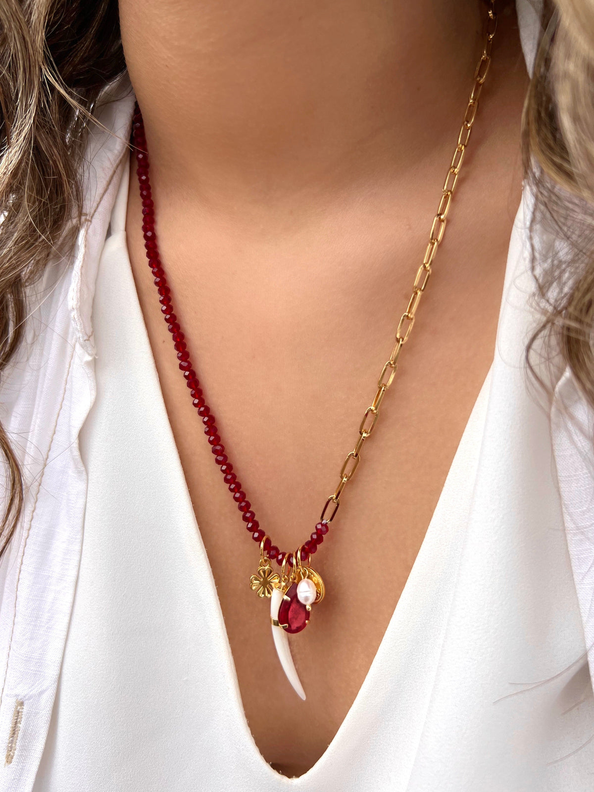 Colar Duo Aurora Com Cristais Lapidados Vermelho Cherry E Corrente Elos Fina 60cm - Tiff Joias