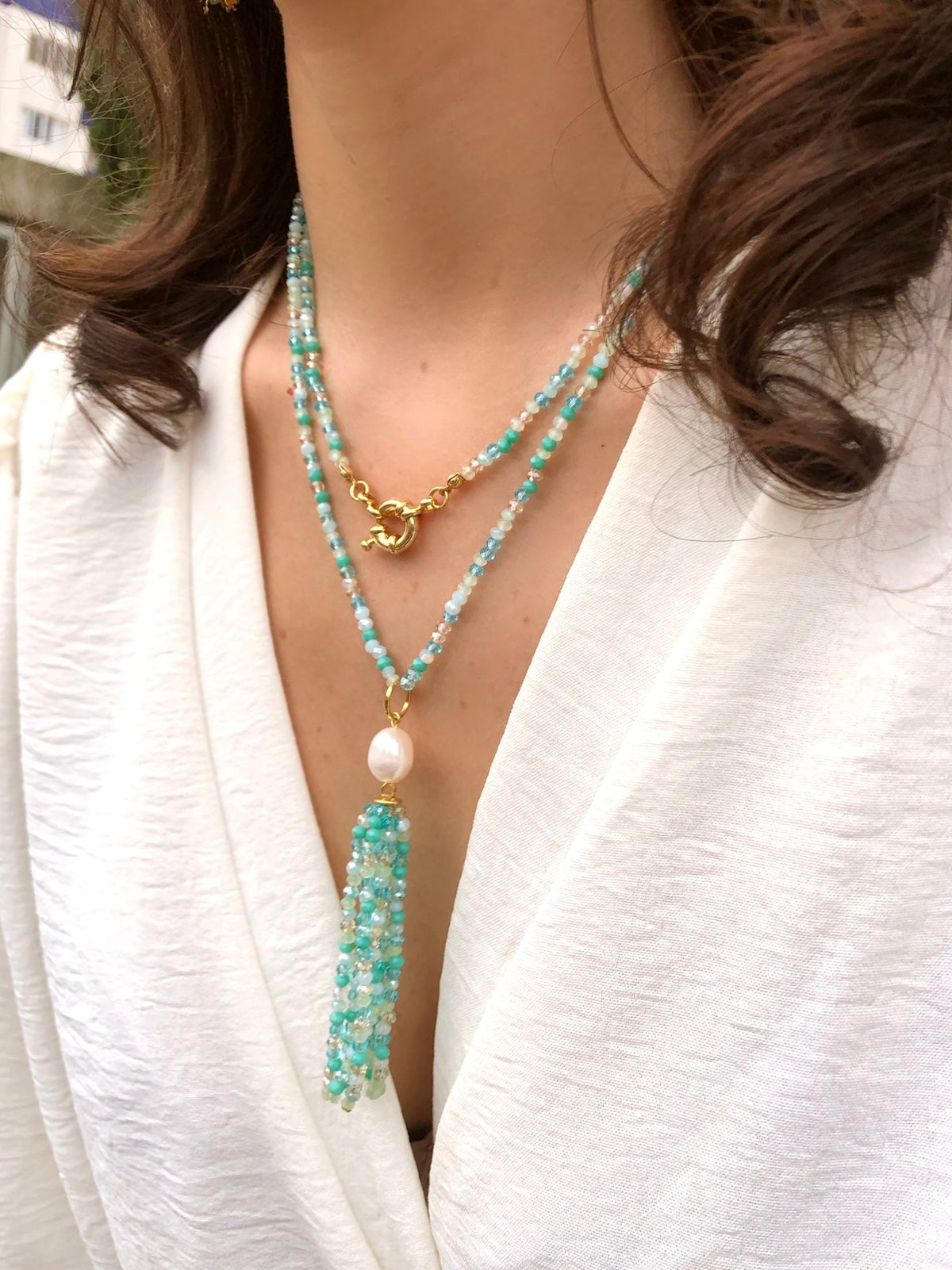 Colar Duplo Cristais Lapidados Tassel Mix Caribe, Fecho Bóia E Pérola Natural 80cm - Tiff Joias