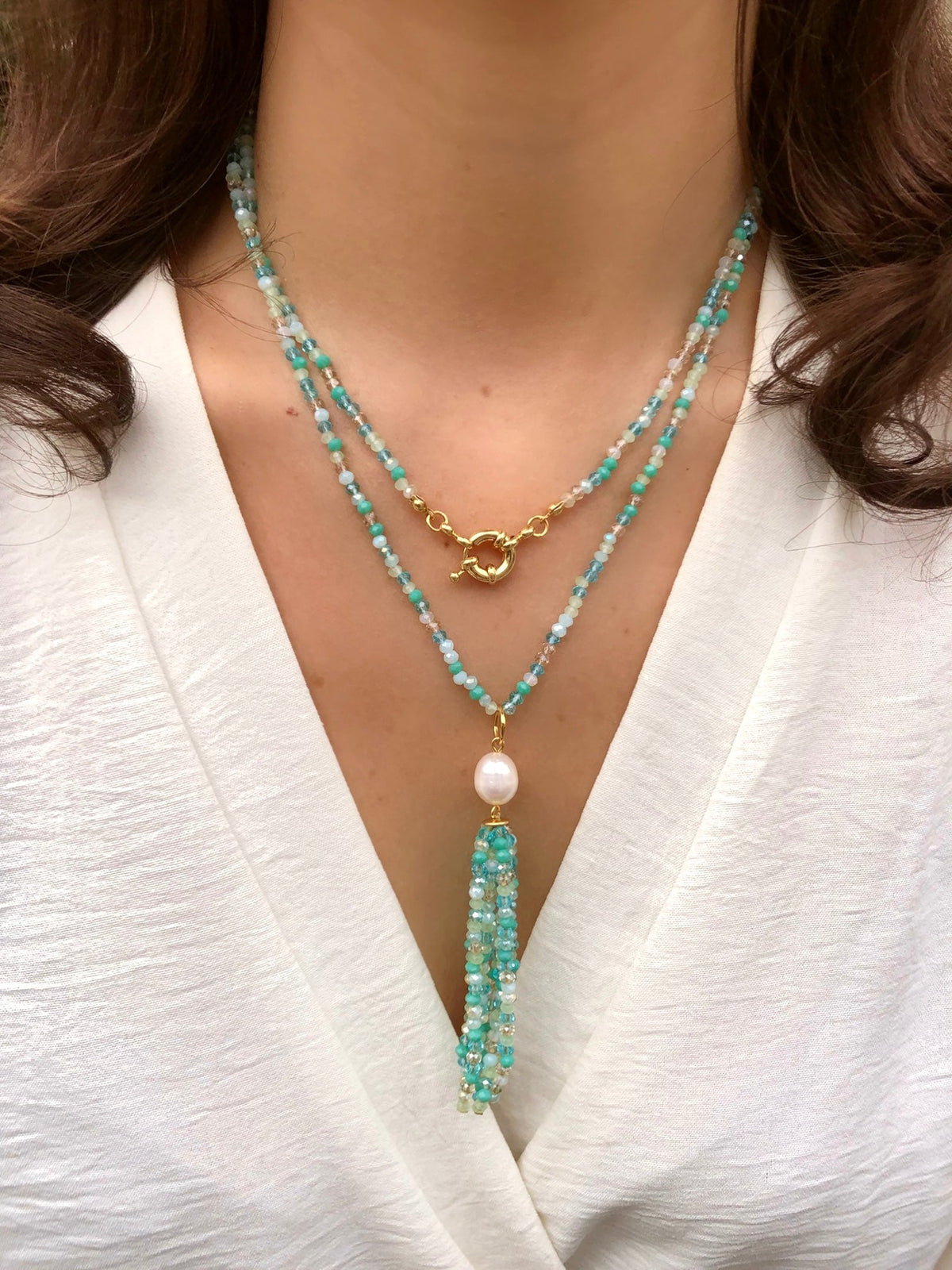 Colar Duplo Cristais Lapidados Tassel Mix Caribe, Fecho Bóia E Pérola Natural 80cm - Tiff Joias